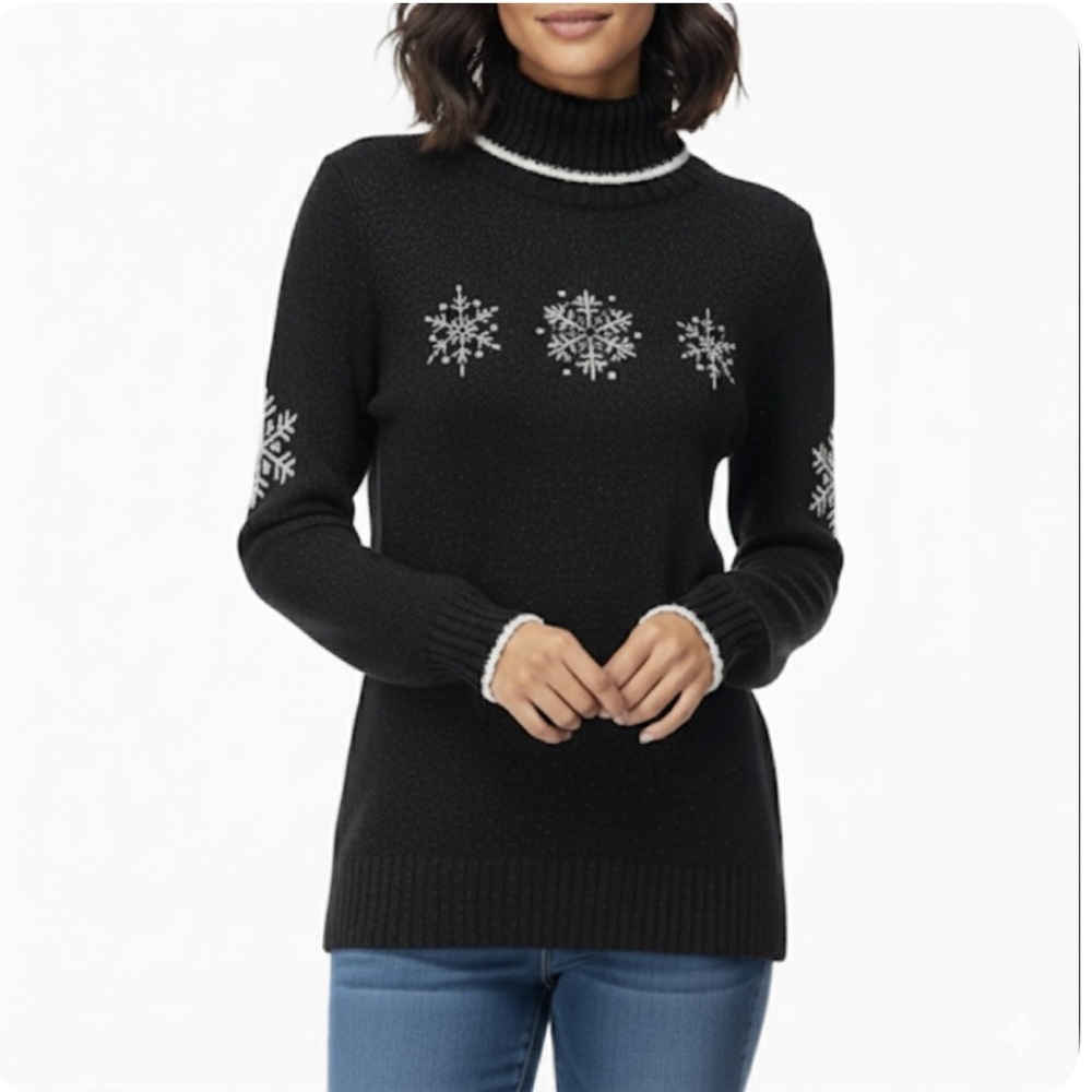 Quacker Factory Black Snowflakes Glitter Sequin Turtleneck Tunic Sweater MEDIUM